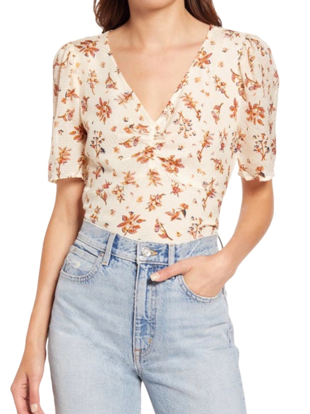 Madewell Antique Coral Silk Ruched Front Puff Sleeve V-Neck Short Sleeve Top (4)